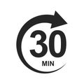 30 minutes with round arrow icon. Half hour countdawn sign. Stopwatch symbol. Sport or cooking timer isolated on white Royalty Free Stock Photo