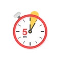 5 minutes on stopwatch icon in flat style. Clock face timer vector illustration on isolated background. Countdown sign business