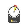 5 minutes on stopwatch icon in flat style. Clock face timer vector illustration on isolated background. Countdown sign business