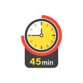 45 minutes on stopwatch icon in flat style. Clock face timer vector illustration on isolated background. Countdown sign business