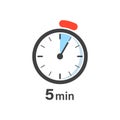 5 minutes on stopwatch icon in flat style. Clock face timer vector illustration on isolated background. Countdown sign business