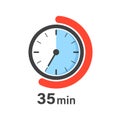 35 minutes on stopwatch icon in flat style. Clock face timer vector illustration on isolated background. Countdown sign business