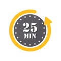 25 minutes on stopwatch icon in flat style. Clock face timer vector illustration on isolated background. Countdown sign business