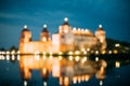 Mir Belarus. Blurred Boke Bokeh Focus Of Mir Castle In Night Ill