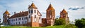 Mir, Belarus. Medieval castle on a background of blue sky. Summer panoramic landscape, ancient architecture Royalty Free Stock Photo