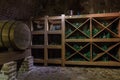 Wine barrel and bottles in wine cellar in Mir castle. Mir, Grodno region, Belarus Royalty Free Stock Photo