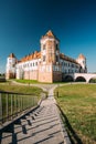 Mir, Belarus. Towers Of Mir Castle Complex On Blue Sunny Sky Background. Architectural Ensemble Of Feudalism Royalty Free Stock Photo