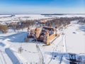 Mir Castle in Belarus. Winter aerial view Royalty Free Stock Photo