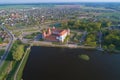 Mir Castle in the cityscape aerial photography. Belorussia