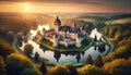 Mir castle reflecting in the lake during sunrise, aerial view of a famous landmark in belarus Royalty Free Stock Photo