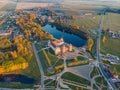 Mir castle in the sunsetlight. Drone aerial photo Royalty Free Stock Photo
