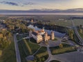 Mir castle in the sunsetlight. Drone aerial photo Royalty Free Stock Photo
