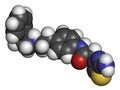 Mirabegron overactive bladder treatment drug molecule. Atoms are represented as spheres with conventional color coding: hydrogen