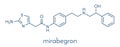 Mirabegron overactive bladder treatment drug molecule. Skeletal formula.