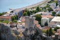 Mirabela Fortress (Peovica) in Omis, Croatia. Ruins of a hilltop fortress with views of the sea and the old town