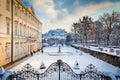 Mirabell Gardens with Hohensalzburg Fortress in winter, Salzburg, Austria