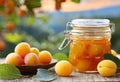 jar of jam and mirabelle plums on a wooden table,