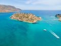 Mirabello Bay view by drone with Spinalonga island on Crete, Greece Royalty Free Stock Photo