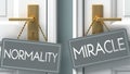 Miracle or normality as a choice in life - pictured as words normality, miracle on doors to show that normality and miracle are