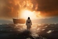 Miraculous Jesus walks on water through the storm towards a boat, biblical theme, generative AI