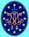 Miraculous medal of Our Lady, monogram M with symbols of hearts, surrounded by stars