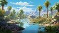 Miraculous Oasis Retreat: A Detailed Ultra-Realistic Depiction of a Desert Oasis with Lush Palm Trees, Vibrant Flowers, and a Shim