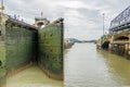 Miraflores Locks of the Panama Canal with lock gates closing