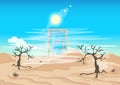 Mirage or portal in a hot desert with dead trees