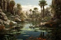 mirage of a lush oasis in a barren desert landscape