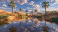 Mirage oasis surreal desert beauty with thriving flora and fauna at magic hour in high definition Royalty Free Stock Photo