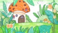 Mircro World Mushroom House Cartoon Background. Cute oil pastel drawing crayon doodle