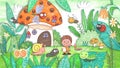 Mircro World Mushroom House Little Adventurers Cartoon Background. Cute oil pastel drawing crayon doodle