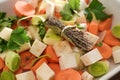 Mirepoix and Bouquet garni, raw mixture of diced vegetables and a bundle of dried herbs, ingredients for cooking stock, soup, stew