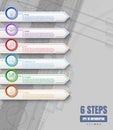 Six options or steps infographic on abstract line industrial background.