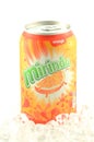 Mirinda drink in a can on ice isolated on white background