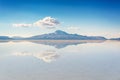 Miror effect and reflection of mountain in Salar de Uyuni Uyuni salt flats, Potosi, Bolivia Royalty Free Stock Photo