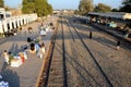 Aerial view of travelers and traders with goods at Mirpurkhas railway station platform Sindh Pakistan