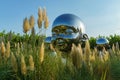 Mirror art object by sculptor Ken Kelleher Inner Child. Big baby head with smiling face in Public landscape