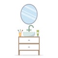 Mirror in the bathroom with hygiene items. Home furnishings - a round mirror and a sink Royalty Free Stock Photo