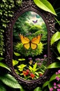 A mirror with a butterflies and flowers in it.