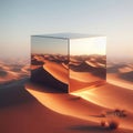 A mirror cube standing in the desert. Royalty Free Stock Photo
