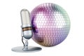 Mirror disco ball with retro microphone, 3D rendering