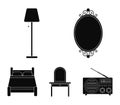 Mirror, drawer, table lamp, bed.Furniture set collection icons in black style vector symbol stock illustration web.