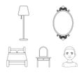 Mirror, drawer, table lamp, bed.Furniture set collection icons in outline style vector symbol stock illustration web.