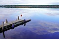 Mirror image effect sky reflection water on wood pontoon lake of Sanguinet in Landes France