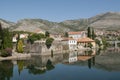 Mirror image of the old buildings in the town of Trebinje, Bosnia and Herzegovina in the water of the river.