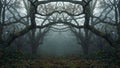 A mirror image of a spooky forest framed with Oak trees and twisted branches. On a creepy foggy winters day