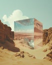 Mirror in the middle of the desert. abstract cube in the desert against blue sky. Royalty Free Stock Photo