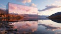 A mirror reflecting a mountain and a lake. Generative AI image. Royalty Free Stock Photo