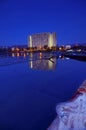 Mirror reflection of a apartment during blue hour Royalty Free Stock Photo